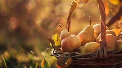 Canvas Print - Pear orchard at harvest, close-up on basket of pears, warm morning light, soft focus 