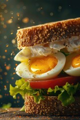 Wall Mural - Freshly made sandwich with scrambled eggs and sliced tomatoes, perfect for lunch or snack