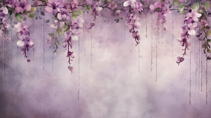 Wall Mural - illustration of hanging garlands of beautiful blossoms, romantic style, purple and green colors on a grunge background.