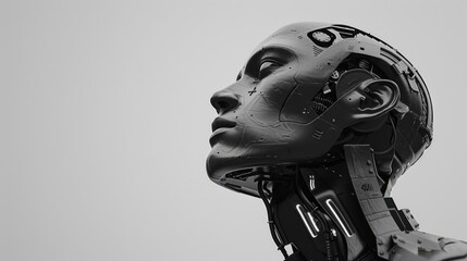 A close-up of a robot's head in black and white, great for illustrations, infographics, or tech-related designs