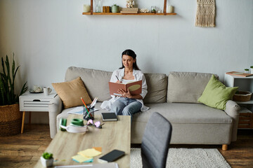 Wall Mural - A woman in casual attire sits on a couch, engrossed in a book.