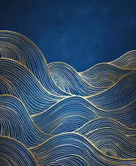 Golden sea waves on a blue watercolor background