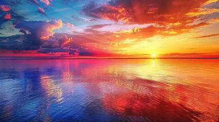 Wall Mural - A beautiful sunset over the ocean with a rainbow in the water