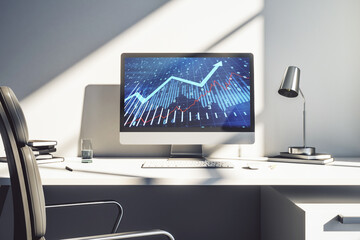 Poster - Computer monitor with abstract creative financial graph and upward arrow, financial and trading concept. 3D Rendering