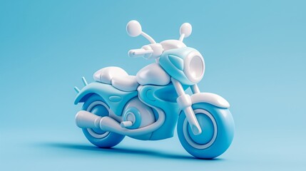 3D illustration of a blue and white cartoon motorcycle on a light blue background.