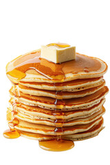 A stack of golden pancakes drizzled with syrup and topped with a pat of butter isolated on a white background.