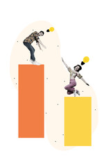 Poster - Creative trend collage of young girl man electric bulb graph statistics growth benefit funds capital unusual fantasy billboard comics zine