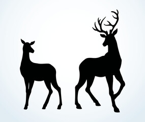 Poster - Silhouette of deer in the grass by the oaks. Vector drawing