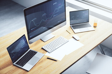 Poster - Stats data illustration on modern laptop monitor, computing and analytics concept. 3D Rendering