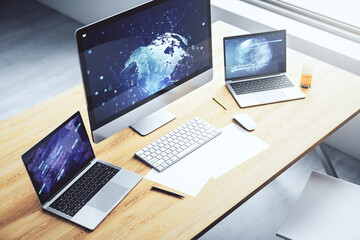 Poster - Modern computer screen with abstract creative coding sketch and world map, artificial intelligence and neural networks concept. 3D Rendering