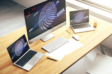 Poster - Abstract creative fingerprint illustration on modern laptop monitor, digital access concept. 3D Rendering