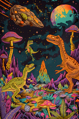 Wall Mural - dinosaurs watching the asteroid that will hit the earth. the asteroid has psychedelic mushrooms growing on it. in psychedelic style Generative AI