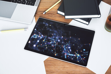 Poster - Top view of modern digital tablet monitor with technology desktop. Research and development software concept. 3D Rendering