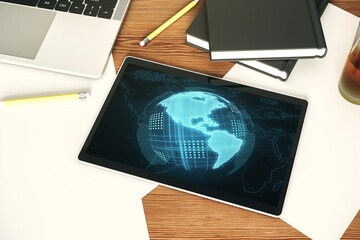 Poster - Top view of modern digital tablet monitor with America map, research and strategy concept. 3D Rendering