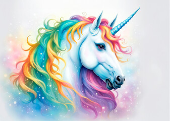  Cute cartoon happy magic unicorn with rainbow on a white background.
