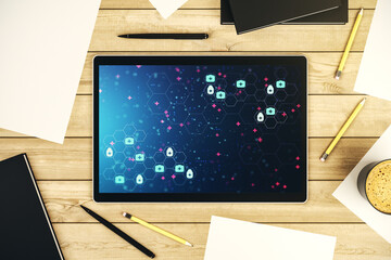 Poster - Creative abstract medical hologram on modern digital tablet display, online medical consulting concept. Top view. 3D Rendering