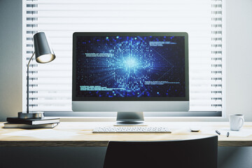 Poster - Creative code skull hologram on modern computer monitor, cybercrime and hacking concept. 3D Rendering