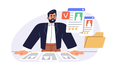 Aufkleber - HR manager recruiting employee. Analyze candidates, CVs, job applications for hiring. Human resources professional, resumes. Recruitment concept. Flat vector illustration isolated on white background