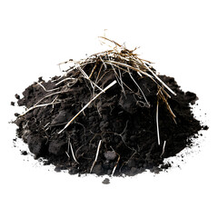 Sticker - small pile of black organic soil with decomposing rye branches, pure white background