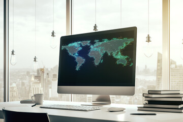 Poster - Computer monitor with abstract creative digital world map, globalization concept. 3D Rendering