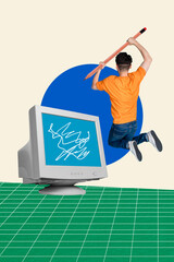 Poster - Creative abstract template collage of funny man tv monitor jump hold pencil write freak bizarre unusual fantasy billboard
