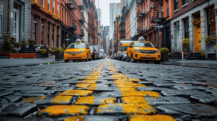 A view down a narrow street in New York City, showing two yellow taxis parked on the cobblestone road