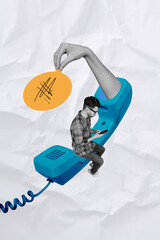 Poster - Creative collage of man sit handset speech bubble communication business client bizarre unusual fantasy billboard comics