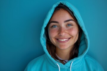 A cheerful young woman wearing a blue hoodie smiles broadly at the camera. Her freckled face and bright blue eyes are visible against a backdrop of teal