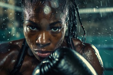 A dramatic closeup of a female boxer, drenched in sweat, with an intense focus in her eyes as she prepares to throw a punch