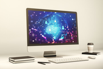 Poster - Social network media concept with world map on modern computer monitor. 3D Rendering