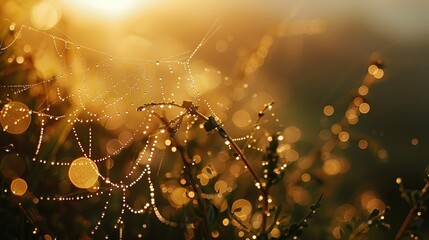 Spider web on a plant covered in dew with soft, warm morning sunlight
