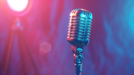 Vintage microphone with stylish lighting on blue background for music atmosphere