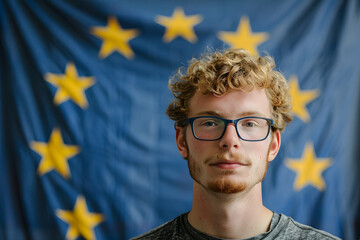 Wall Mural - young European election voter portrait in front of the European Union flag Generative AI