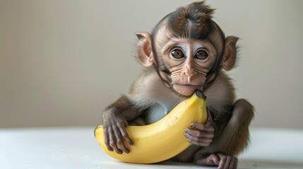 A baby monkey holding a banana on a clean white su 7 2