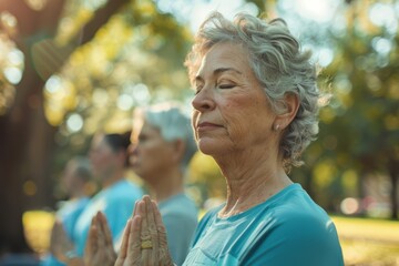 A senior woman with grey hair practices yoga in a serene city park setting. She is wearing a blue shirt and her eyes are closed in meditation