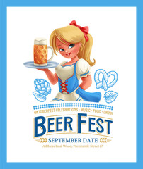 Wall Mural - Beer festival banner poster with blonde girl serving beer