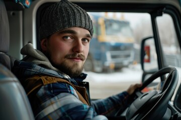 A person operating a vehicle on a snowy road, with winter scenery