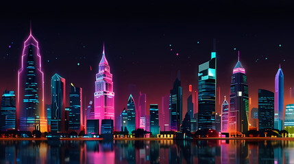 Wall Mural - Create a futuristic city skyline at night with a holographic wave flowing through the buildings, casting a colorful glow