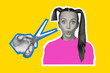 © deagreez - Photo collage trend artwork sketch image of hands arms hold scissors handcraft haircut hairdo cut two tailes shocked young woman staring