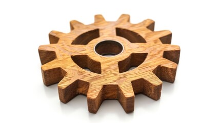Wooden Gear Icon made entirely of wood on a white background