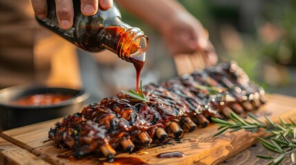 High angle of anonymous cook pouring barbecue on grilled ribs placed on wooden chopping board against blurred background