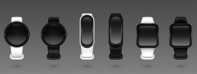 Poster - Smartwatch and fitness tracker with white and black bracelet. Realistic 3d vector illustration set of intelligent sport wristband with round, rectangular and square blank screen. Smart device mockup.