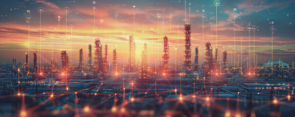 Futuristic industrial cityscape at sunset with digital network overlay. Towers and structures illuminated by vibrant lights and technological elements