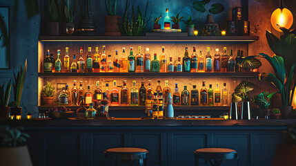 Wall Mural - Stylish Mexican Bar with Extensive Tequila and Mezcal Selection  