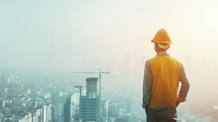 Wall Mural - Construction worker wearing yellow vest and helmet overlooking cityscape with cranes and buildings. Early morning fog and sunlight creating a hazy atmosphere