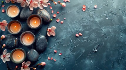 Canvas Print - Decorated table with candles spa stones and flowers space for text