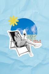 Poster - Vertical composite collage picture of excited girl sit lounger cocktail speak phone isolated on creative background