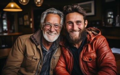 Wall Mural - Two men are smiling and posing for a picture. One of them has a beard and is wearing a leather jacket