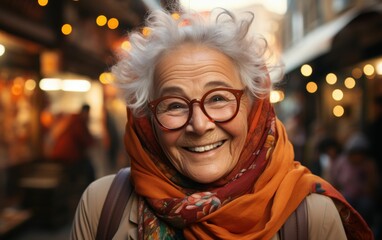 Wall Mural - A woman with glasses and a scarf on her head is smiling. She is wearing a backpack and she is happy