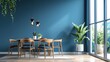 © Lucky Ai - Interior of spacious dining room with table and chairs near blue painted wall in modern illuminated apartment